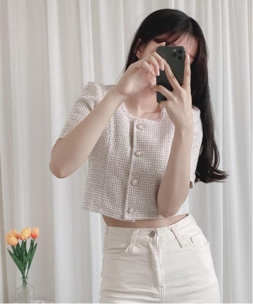 SONA（ソナ）の「SONYUNARA 真珠ボタンツイードカーディガン（カーディガン/ボレロ・レディース・ベージュ/スカイブルー/ピンク・FREE）」の4枚目の写真