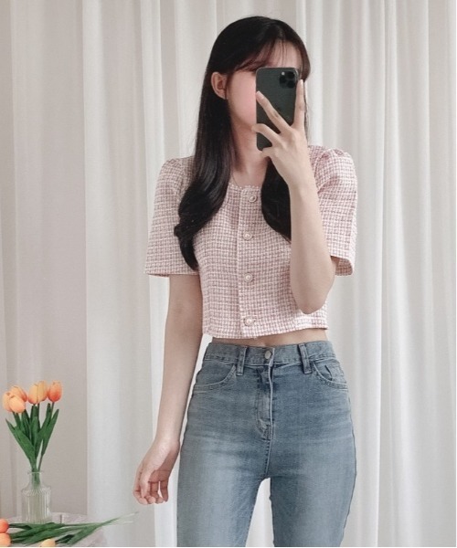 SONA（ソナ）の「SONYUNARA 真珠ボタンツイードカーディガン（カーディガン/ボレロ・レディース・ベージュ/スカイブルー/ピンク・FREE）」の5枚目の写真