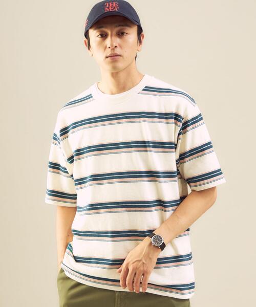 green label relaxing（グリーンレーベルリラクシング）の「OLT＜green label relaxing＞スラブボーダー クルーネック 半袖 Tシャツ（Tシャツ/カットソー・メンズ・ライトブルー/オフホワイト・LARGE/X-LARGE/MEDIUM/SMALL）」の2枚目の写真