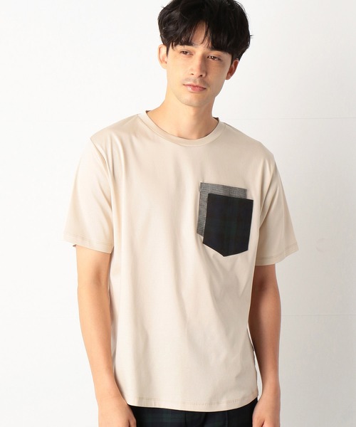 COMME　CA COMMUNE（コムサコミューン）の「チェック　ダブルポケット　Tシャツ（Tシャツ/カットソー・メンズ・ホワイト/ダークブラウン/キナリ・MEDIUM/LARGE）」の9枚目の写真