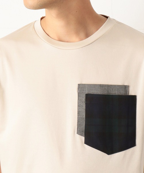 COMME　CA COMMUNE（コムサコミューン）の「チェック　ダブルポケット　Tシャツ（Tシャツ/カットソー・メンズ・ホワイト/ダークブラウン/キナリ・MEDIUM/LARGE）」の4枚目の写真