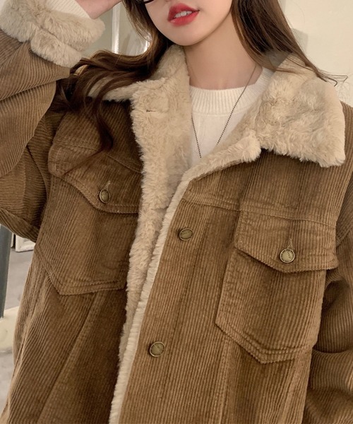 aimoha（アイモハ）の「レトロコーデュロイ裏モコモコ厚手ムートンコート（ムートンコート・レディース・ベージュ/オフホワイト・FREE）」の8枚目の写真