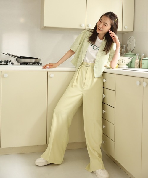 one after another NICE CLAUP(ワンアフターアナザーナイスクラップ)の「【セットアップあり】サイドスリット入りワイドスラックスパンツ(スラックス・レディース・ブラック/ピンク/黄緑系・SMALL/MEDIUM)」の21枚目の写真