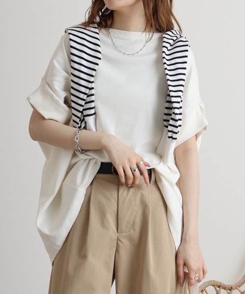atONE(アットワン)の「atONE 変形ドルマンカットソー 半袖(Tシャツ/カットソー・レディース・杢グレー/ネイビー/ピンクベージュ/オフホワイト・LL~3L/4L~5L/M-L)」の12枚目の写真