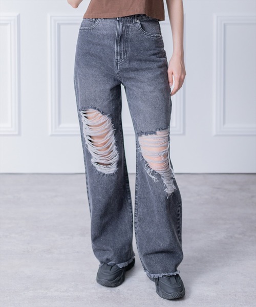 clear（クリア）の「ダメージワイドデニムパンツ≪2024SS≫（デニムパンツ・レディース・ブラック/ライトブルー・M/S）」の2枚目の写真