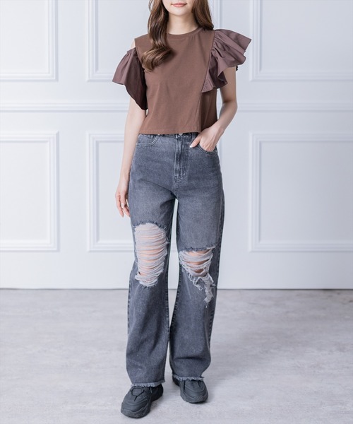 clear（クリア）の「ダメージワイドデニムパンツ≪2024SS≫（デニムパンツ・レディース・ブラック/ライトブルー・M/S）」の9枚目の写真