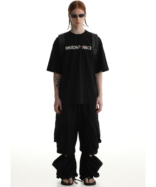 MASONPRINCE レイヤード風 ストライプ ロゴ 綿 Tシャツ 男女兼用 MASONPRINCE レイヤード風 ストライプ ロゴ 綿 Tシャツ 男女兼用