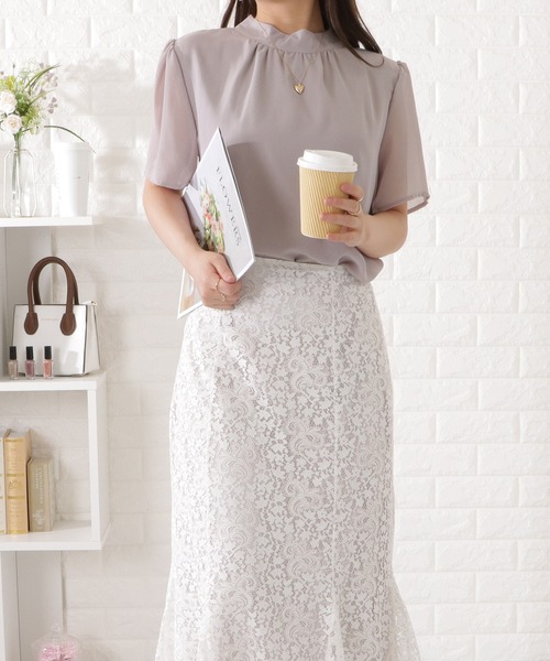 ブラウス シャツ フレアスリーブプチハイネックレースブラウス レディース Lace Ladies ブラウス シャツ プチハイネックフレアスリーブ半袖