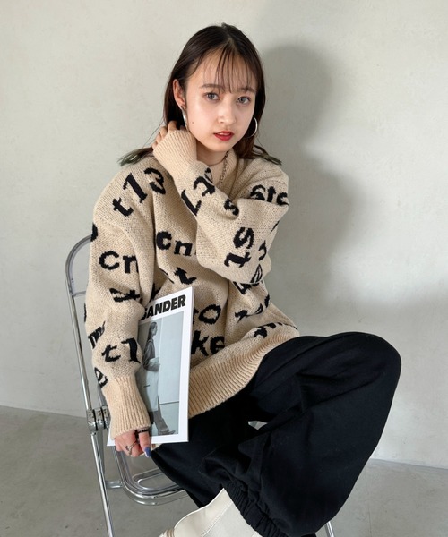 CLEA(クレア)の「ロゴジャガードオーバーサイズニットプルオーバー(ニット/セーター・レディース・グリーン/ベージュ・FREE)」の4枚目の写真