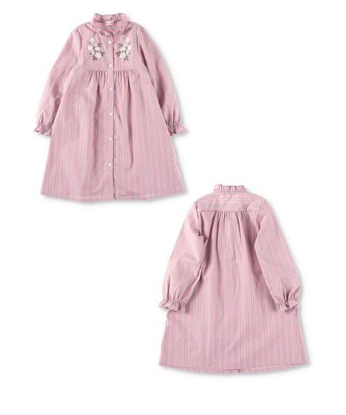 BRANSHES(ブランシェス)の「【お揃い】ストライプ刺繍ワンピース(ワンピース・キッズ・ブルー/サーモンピンク・130/110/100/90/140/120/150)」の1枚目の写真