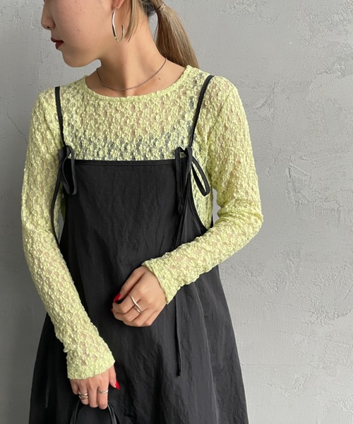 JEANS FACTORY Clothes（ジーンズファクトリークローズ）の「[Jeans Factory Clothes/ジーンズファクトリークローズ] レース柄 クルーネックシアーTシャツ（Tシャツ/カットソー・レディース・イエロー/オフホワイト/ブラック/サックスブルー・F）」の4枚目の写真