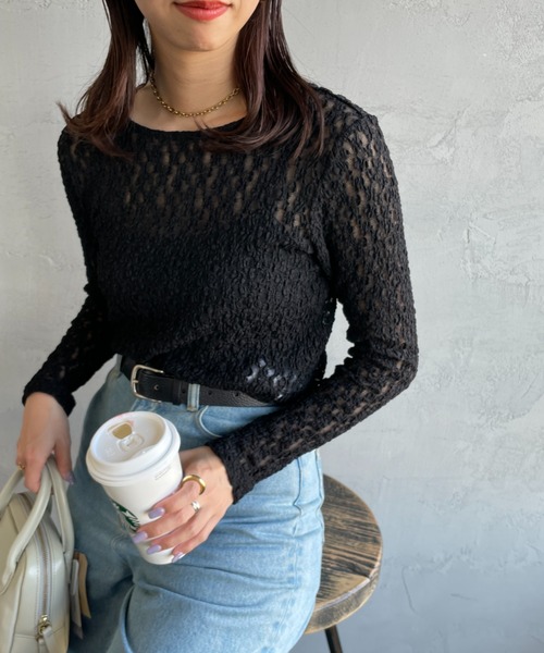 JEANS FACTORY Clothes（ジーンズファクトリークローズ）の「[Jeans Factory Clothes/ジーンズファクトリークローズ] レース柄 クルーネックシアーTシャツ（Tシャツ/カットソー・レディース・イエロー/オフホワイト/ブラック/サックスブルー・F）」の5枚目の写真
