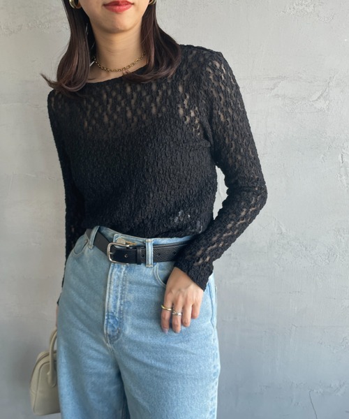 JEANS FACTORY Clothes（ジーンズファクトリークローズ）の「[Jeans Factory Clothes/ジーンズファクトリークローズ] レース柄 クルーネックシアーTシャツ（Tシャツ/カットソー・レディース・イエロー/オフホワイト/ブラック/サックスブルー・F）」の10枚目の写真