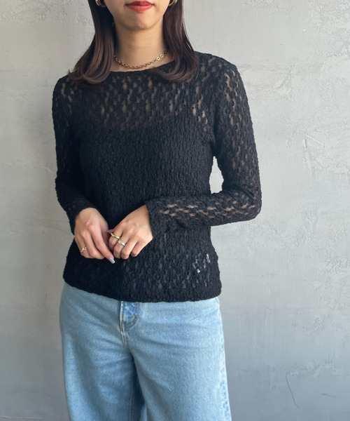 JEANS FACTORY Clothes（ジーンズファクトリークローズ）の「[Jeans Factory Clothes/ジーンズファクトリークローズ] レース柄 クルーネックシアーTシャツ（Tシャツ/カットソー・レディース・イエロー/オフホワイト/ブラック/サックスブルー・F）」の14枚目の写真