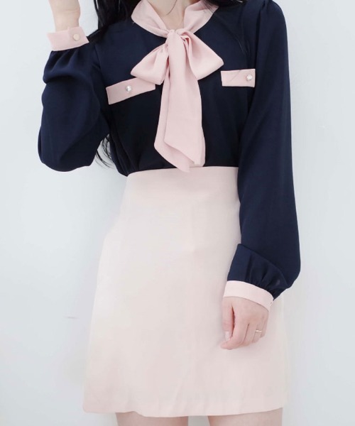 セール】配色ラインリボンブラウス長袖（シャツ/ブラウス）｜VIVID