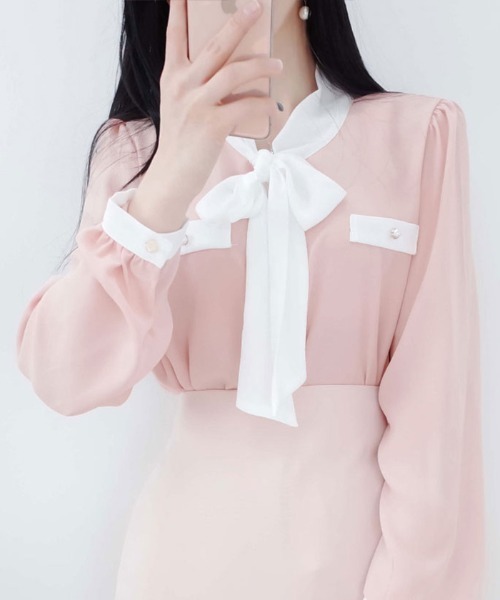 セール】配色ラインリボンブラウス長袖（シャツ/ブラウス）｜VIVID