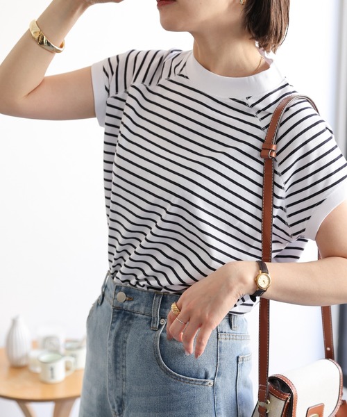 セール】【USAコットン】モックネックフレンチスリーブTシャツ