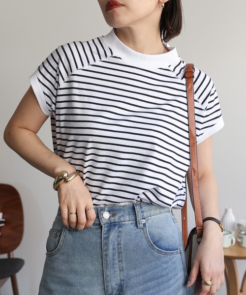 ap retro(アプレトロ)の「【USAコットン】高見え上質 / モックネックフレンチスリーブTシャツ(Tシャツ/カットソー・レディース・ブラック/グレイッシュベージュ/チャコールグレー/ホワイト/ネイビー×ホワイト/ベージュ×ブラック/ネイビー・FREE/LARGE)」の17枚目の写真