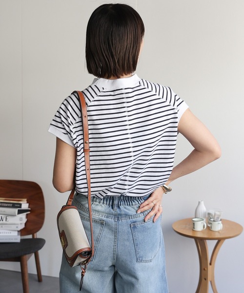 ap retro(アプレトロ)の「【USAコットン】高見え上質 / モックネックフレンチスリーブTシャツ(Tシャツ/カットソー・レディース・ブラック/グレイッシュベージュ/チャコールグレー/ホワイト/ネイビー×ホワイト/ベージュ×ブラック/ネイビー・FREE/LARGE)」の18枚目の写真
