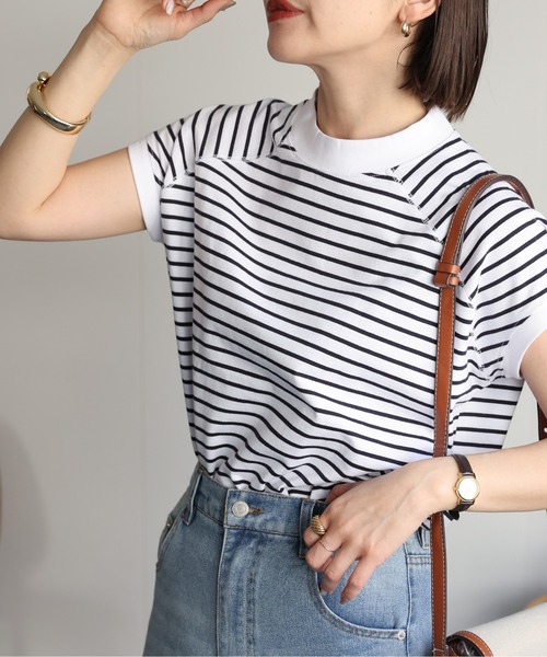 ap retro(アプレトロ)の「【USAコットン】高見え上質 / モックネックフレンチスリーブTシャツ(Tシャツ/カットソー・レディース・ブラック/グレイッシュベージュ/チャコールグレー/ホワイト/ネイビー×ホワイト/ベージュ×ブラック/ネイビー・FREE/LARGE)」の19枚目の写真
