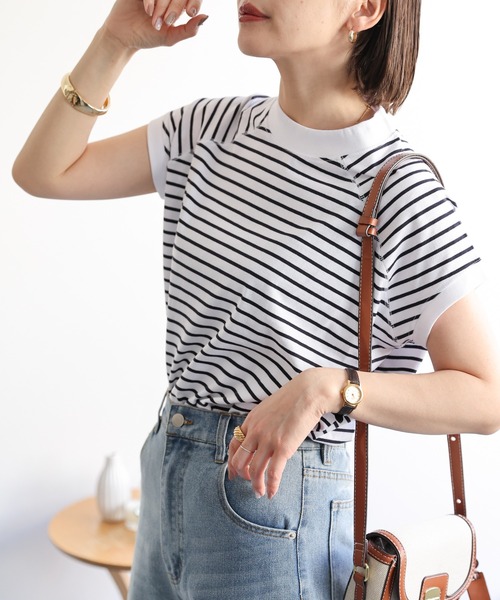 セール】【USAコットン】モックネックフレンチスリーブTシャツ