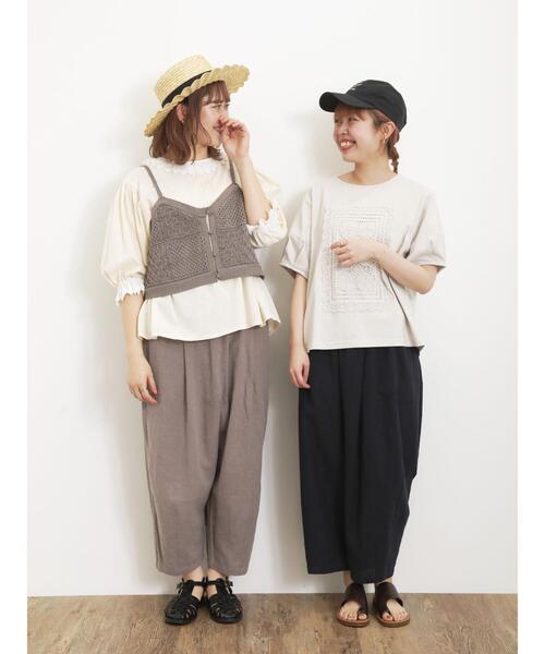 【月末限定】サマンサモスモスルミネ立川店限定　リネンモチーフ付コクーンパンツ 立川限定】リネン裾フリルコクーンパンツ（オフホワイト/グレー