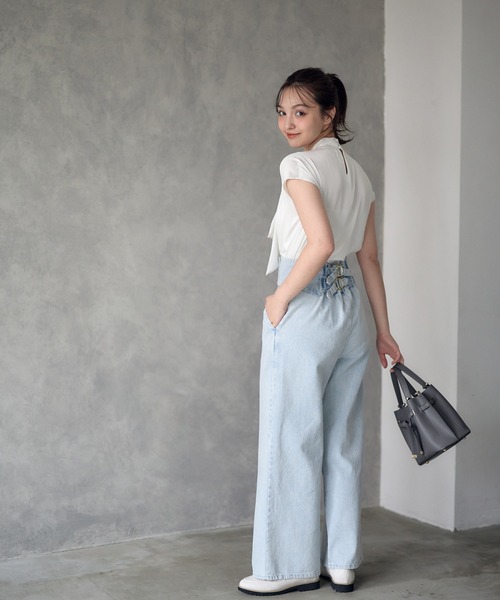 12Twelve Agenda（トゥエルブ　アジェンダ）の「ねじりボウタイフレンチスリーブブラウス（シャツ/ブラウス・レディース・ブラック/オフホワイト/ブルー/ブラウン/カーキ・M）」の10枚目の写真