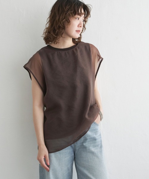 notch.（ノッチ）の「オーガンジーフレンチスリーブＴ（Tシャツ/カットソー・レディース・オフホワイト/ブラック/ベージュ/ブラウン/クリアグリーン・M）」の3枚目の写真