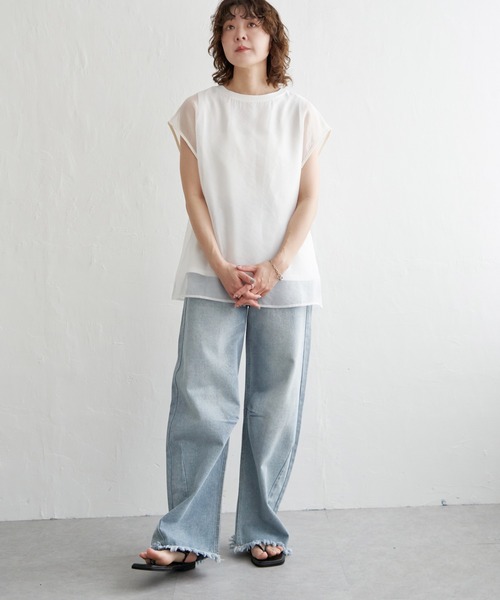 notch.（ノッチ）の「オーガンジーフレンチスリーブＴ（Tシャツ/カットソー・レディース・オフホワイト/ブラック/ベージュ/ブラウン/クリアグリーン・M）」の8枚目の写真