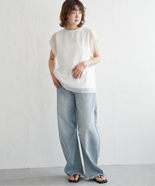 notch.（ノッチ）の「オーガンジーフレンチスリーブＴ（Tシャツ/カットソー・レディース・オフホワイト/ブラック/ベージュ/ブラウン/クリアグリーン・M）」の9枚目の写真