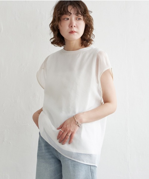 notch.（ノッチ）の「オーガンジーフレンチスリーブＴ（Tシャツ/カットソー・レディース・オフホワイト/ブラック/ベージュ/ブラウン/クリアグリーン・M）」の6枚目の写真