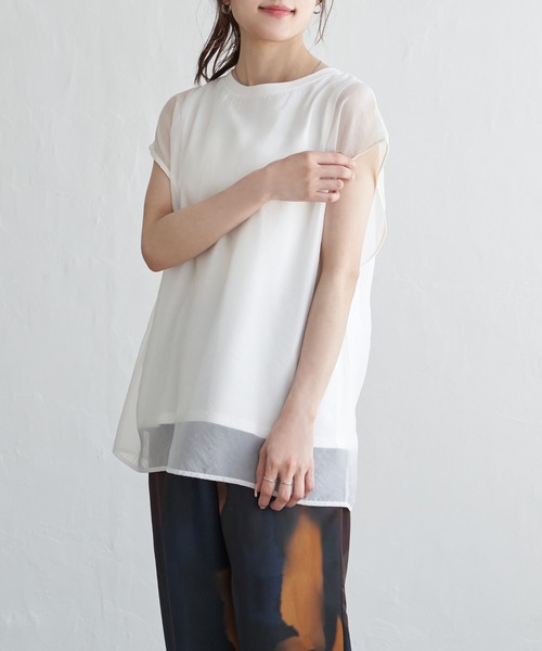 notch.(ノッチ)の「オーガンジーフレンチスリーブT(Tシャツ/カットソー・レディース・オフホワイト/ブラック/ベージュ/ブラウン/クリアグリーン・M)」の9枚目の写真