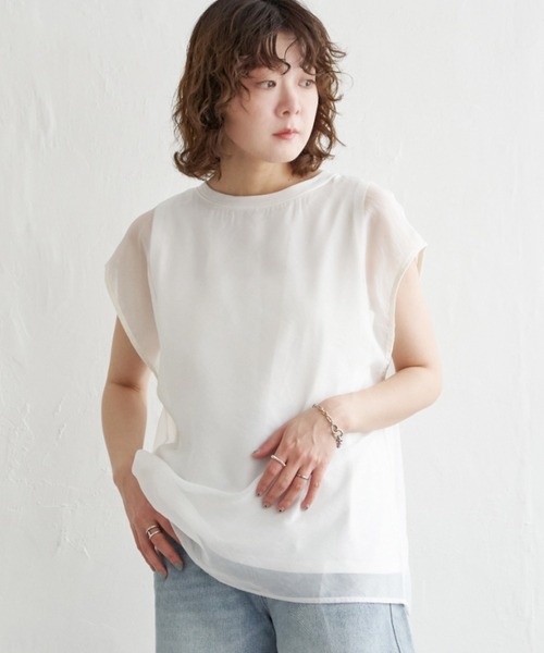 notch.(ノッチ)の「オーガンジーフレンチスリーブT(Tシャツ/カットソー・レディース・オフホワイト/ブラック/ベージュ/ブラウン/クリアグリーン・M)」の12枚目の写真