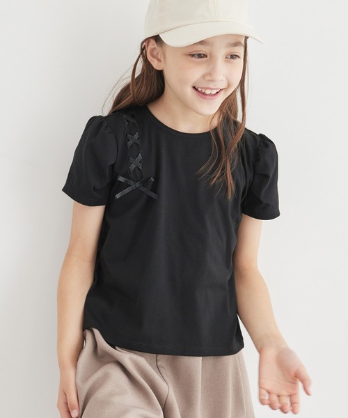 ROPE' PICNIC(ロペピクニック)の「【KIDS】タックスリーブレースアップTシャツ/冷感・WEB限定サイズ:110cm(Tシャツ/カットソー・キッズ・キナリ/ブラック・130/120/110/150/140)」の1枚目の写真