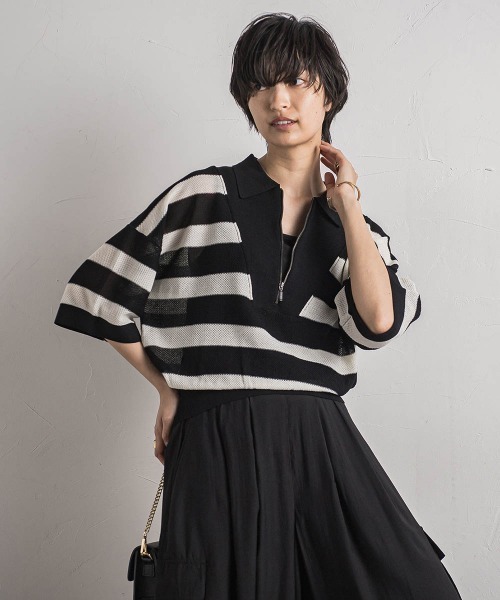 MAYSON GREY(メイソングレイ)の「ハーフZIPシアーポロニットプルオーバー≪手洗い可能≫(ニット/セーター・レディース・ブラック系その他/グリーン/ライトグレー・M)」の2枚目の写真
