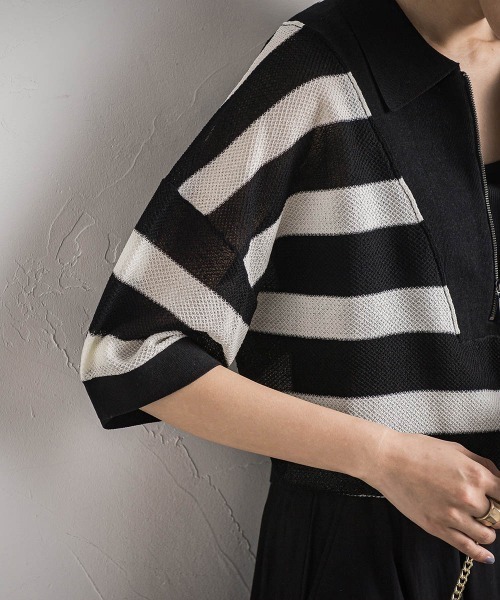 MAYSON GREY(メイソングレイ)の「ハーフZIPシアーポロニットプルオーバー≪手洗い可能≫(ニット/セーター・レディース・ブラック系その他/グリーン/ライトグレー・M)」の11枚目の写真