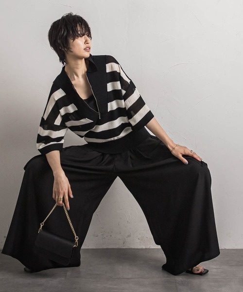 MAYSON GREY(メイソングレイ)の「ハーフZIPシアーポロニットプルオーバー≪手洗い可能≫(ニット/セーター・レディース・ブラック系その他/グリーン/ライトグレー・M)」の13枚目の写真