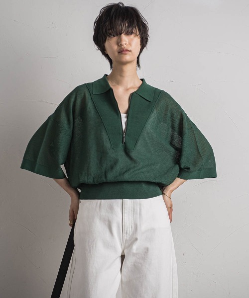 MAYSON GREY(メイソングレイ)の「ハーフZIPシアーポロニットプルオーバー≪手洗い可能≫(ニット/セーター・レディース・ブラック系その他/グリーン/ライトグレー・M)」の8枚目の写真