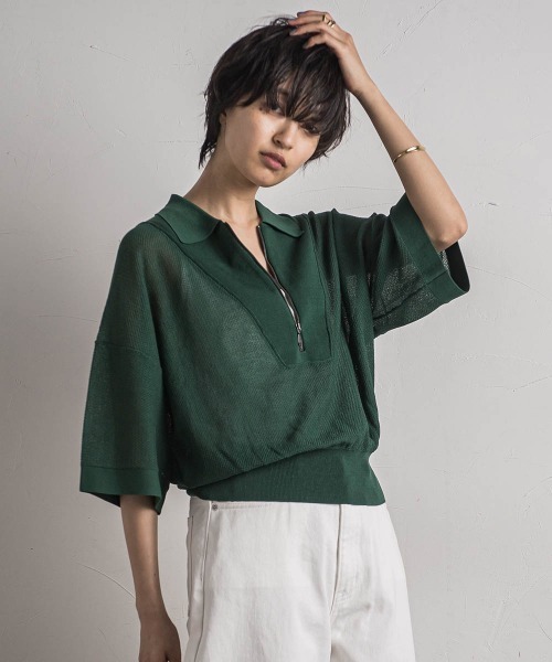 MAYSON GREY(メイソングレイ)の「ハーフZIPシアーポロニットプルオーバー≪手洗い可能≫(ニット/セーター・レディース・ブラック系その他/グリーン/ライトグレー・M)」の7枚目の写真