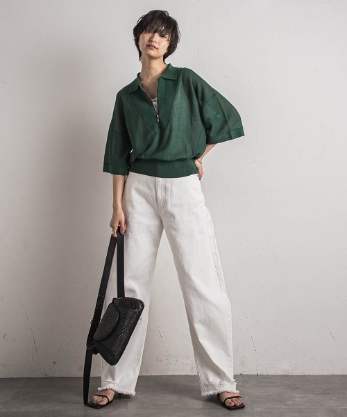 MAYSON GREY(メイソングレイ)の「ハーフZIPシアーポロニットプルオーバー≪手洗い可能≫(ニット/セーター・レディース・ブラック系その他/グリーン/ライトグレー・M)」の9枚目の写真