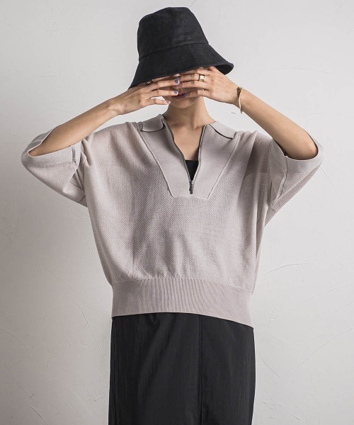 MAYSON GREY(メイソングレイ)の「ハーフZIPシアーポロニットプルオーバー≪手洗い可能≫(ニット/セーター・レディース・ブラック系その他/グリーン/ライトグレー・M)」の4枚目の写真