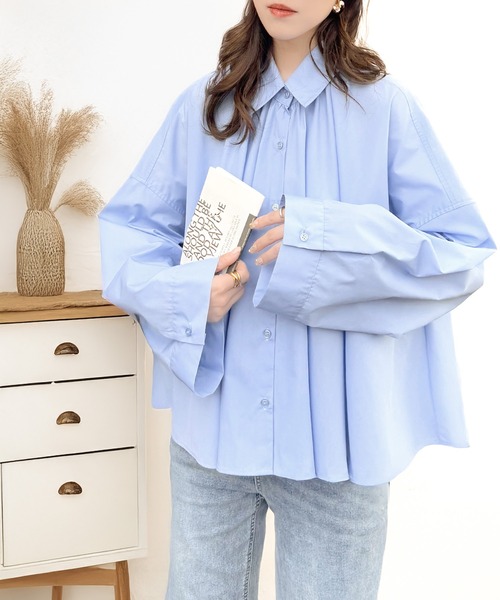 classicalelf（クラシカルエルフ）の「トレンドライクのゆるく上品なシルエット♪アコーディオンフレアシャツ(長袖)（シャツ/ブラウス・レディース・オフホワイト/チャコールグレー/ブルー・X-LARGE/SMALL/MEDIUM/LARGE）」の11枚目の写真