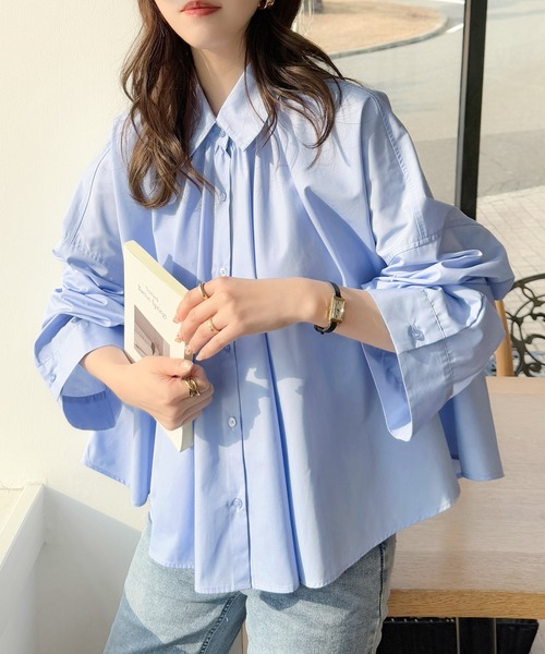 classicalelf（クラシカルエルフ）の「トレンドライクのゆるく上品なシルエット♪アコーディオンフレアシャツ(長袖)（シャツ/ブラウス・レディース・オフホワイト/チャコールグレー/ブルー・X-LARGE/SMALL/MEDIUM/LARGE）」の15枚目の写真