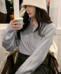 リボン付きグレーリブ編み長袖セーター リボン付きグレーリブ編み長袖セーター リボンニットセーター