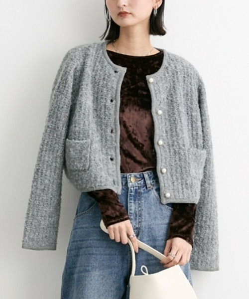 nissen（ニッセン）の「プードルニットショート丈カーディガン（カーディガン/ボレロ・レディース・ブラック/杢グレー/ベージュ・M）」の5枚目の写真