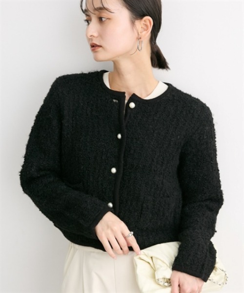 【美品】Rene フードニット黒　ショート丈カーディガン　ファー付ボレロ 美品】Rene フードニット黒 ショート丈カーディガン ファー付ボレロ