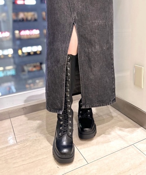 R&E】トラックソールレースアップニットロングブーツ（ブーツ）｜R&E