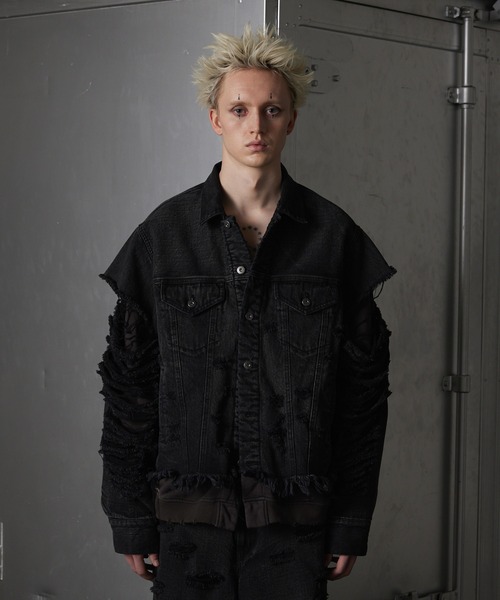 【GRANCY】 ダメージデニムジャケット Sサイズ GRANCY】Sweat Docking Design Damage Denim Jacket / スウェット