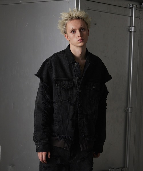 GRANCY グランシー デニムジャケット ブラック GRANCY】Sweat Docking Design Damage Denim Jacket