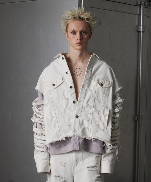 GRANCY】Sweat Docking Design Damage Denim Jacket